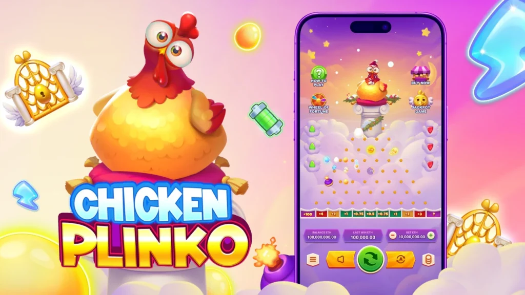 Bild der Chicken Plinko App mit Mobiltelefon und Spielelogo